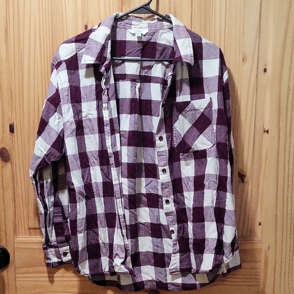 Time and Tru Purple and White Plaid Button Down Shirt